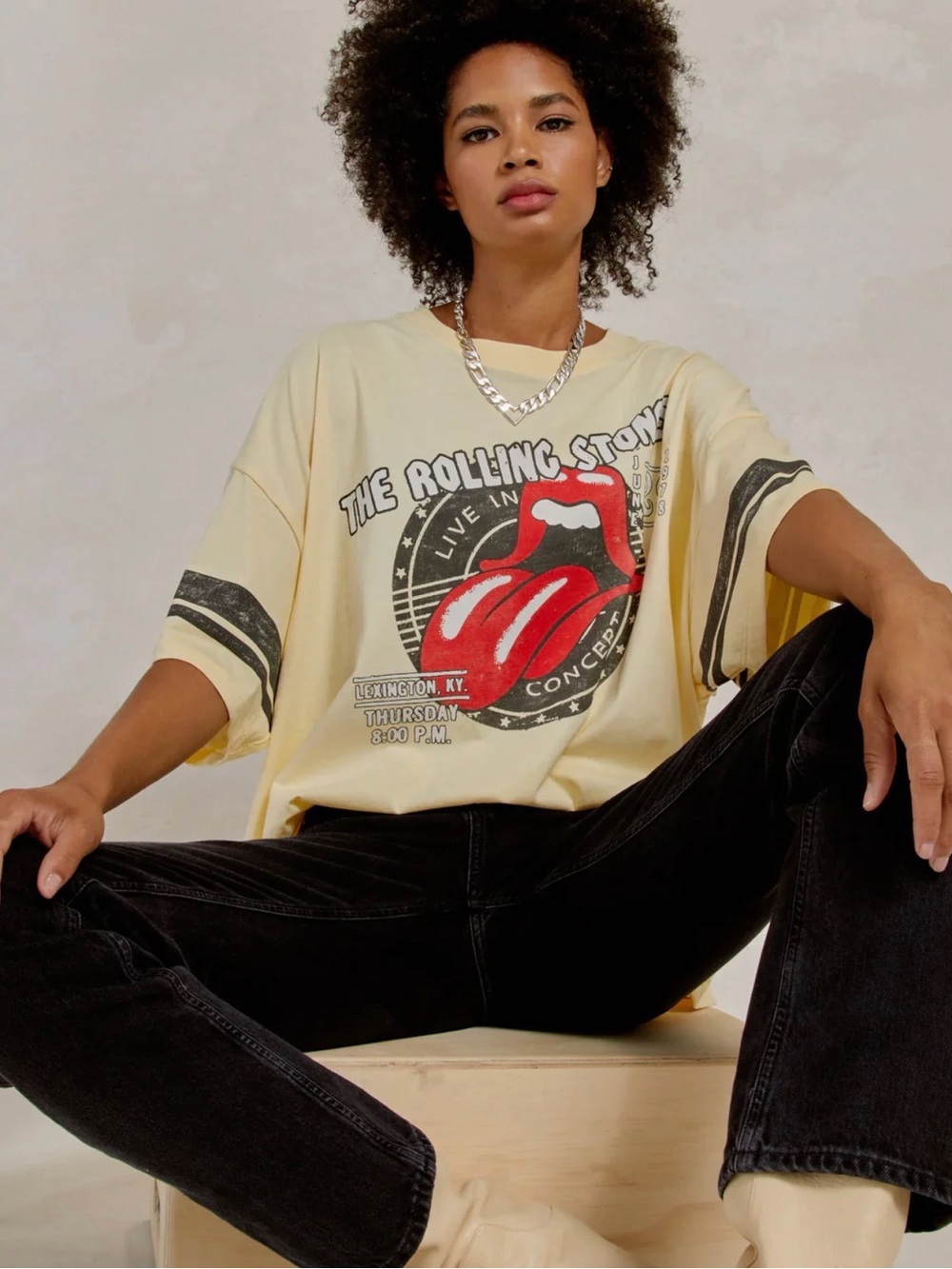 Rolling Stones Graphic Tee in Pale Yellow with Red Logo Daydreamer